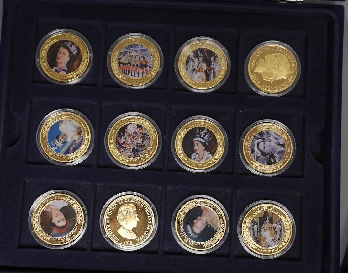 A cased collection of 15 Queen Elizabeth the Queen Mother 1994 proof silver coins, three QEII proof silver coins, Westminster Mint British Heroes crowns and 12 Queen Elizabeth II Coronation Jubilee coins